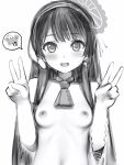  1girl :d ascot blush breasts earrings greyscale hairband hands_up highres jewelry long_hair looking_at_viewer monochrome nanashi_(nlo) navel nipples open_mouth short_sleeves simple_background small_breasts smile solo star_(symbol) star_earrings upper_body very_long_hair virtual_youtuber weathernews weatheroid white_background wide_sleeves 