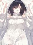  1girl bare_shoulders black_hair blurry blurry_foreground blush colored_inner_hair copyright_request depth_of_field hair_between_eyes hands_up looking_at_viewer lying multicolored_hair nekoume on_back original parted_lips pink_hair purple_eyes ribbed_sweater smile solo sweater white_sweater 