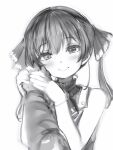  1girl bare_shoulders blush gloves greyscale hand_grab hand_on_another&#039;s_cheek hand_on_another&#039;s_face head_tilt highres hololive houshou_marine looking_at_viewer monochrome nanashi_(nlo) no_eyepatch pov pov_hands simple_background smile solo_focus twintails upper_body virtual_youtuber white_background 