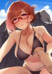  1boy 1girl 92m ahoge aircraft airplane armpit_crease bangs bare_shoulders bikini black_bikini blue_sky blush breast_grab breasts brown_hair cloud collarbone commentary_request condensation_trail eyebrows_visible_through_hair folded_ponytail glasses grabbing guided_breast_grab hand_under_clothes hand_under_swimsuit highres holding_another&#039;s_arm large_breasts looking_at_viewer navel original outdoors pink_eyes pov pov_hands red-framed_eyewear red_hair rock short_hair sky swimsuit wet 