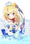  1girl blonde_hair blue_dress blue_eyes blush crown detached_sleeves dress earrings fran_(shironeko_project) gloves hair_ribbon itadaki31 jewelry medium_hair neck_ribbon red_ribbon ribbon shironeko_project smile solo twitter_username upper_body white_gloves window 