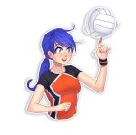  1girl ball bangs blue_eyes blue_hair breasts collarbone cropped_torso everlasting_summer long_hair looking_away narwhal_iv ponytail red_shirt samantha_reed_smith shirt short_sleeves simple_background smile solo source_request t-shirt two-tone_shirt upper_body upper_teeth volleyball white_background wristband 