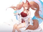  1girl angelina_(arknights) animal_ear_fluff animal_ears arknights black_collar bow breasts brown_hair collar collarbone commentary cup earpiece feet_out_of_frame fox_ears fox_girl fox_tail holding holding_cup j_fang jewelry large_breasts long_hair looking_at_viewer necklace one-piece_swimsuit orange_eyes red_bow red_ribbon red_swimsuit ribbon sitting sketch solo swimsuit tail thigh_strap thighs twintails wristband 