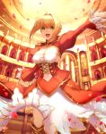  1girl absurdres ahoge bangs blonde_hair blush braid breasts cleavage cleavage_cutout clothing_cutout dress epaulettes fate/extra fate_(series) french_braid green_eyes hair_bun hair_intakes hair_ribbon highres juliet_sleeves kankitsurui_(house_of_citrus) large_breasts long_hair long_sleeves looking_at_viewer nero_claudius_(fate) open_mouth petals puffy_sleeves red_dress red_ribbon ribbon smile solo 