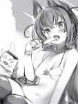  1girl animal_ears bikini blush breasts covered_nipples food greyscale head_tilt highres hirasaka_mei_(vtuber) indie_virtual_youtuber long_hair looking_at_viewer monochrome nanashi_(nlo) navel popsicle pudding small_breasts solo sweat swimsuit thighhighs virtual_youtuber 