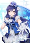  1girl azur_lane blue_bow bow eyebrows_visible_through_hair flight_deck gloves idolmaster idolmaster_(classic) kevn kisaragi_chihaya layered_skirt long_hair miniskirt purple_hair purple_headwear skirt sleeveless solo white_gloves white_skirt yellow_eyes 