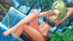  1girl armpits bangs barefoot bikini blurry breasts ceres_fauna cleavage deer_antlers depth_of_field eyebrows_visible_through_hair eyes_visible_through_hair feet_out_of_frame flower green_hair green_nails hair_between_eyes hair_flower hair_ornament highres hololive hololive_english kazenokaze knee_up leaf medium_breasts mole mole_under_eye nail_polish navel rainbow sitting soaking_feet solo sparkle swimsuit tongue tongue_out tree virtual_youtuber water waterfall yellow_eyes 