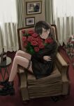  1girl absurdres black_dress black_footwear black_hair book boots bottle bouquet closed_mouth curtains dress flower from_side highres holding holding_bouquet jewelry long_sleeves looking_at_viewer medium_hair nadegata original painting_(object) red_flower red_rose ring rose sitting_sideways solo thigh_strap yellow_eyes 
