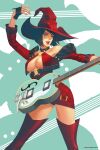 1girl bangs dress electric_guitar green_eyes guilty_gear guilty_gear_xrd guitar hat highres i-no instrument looking_at_viewer mole mole_above_mouth nikusenpai o-ring o-ring_top red_headwear short_dress thighhighs witch_hat 