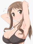  1girl armpits arms_behind_head black_bra bra breasts brown_eyes brown_hair commentary_request eyebrows_visible_through_hair grey_background highres large_breasts looking_at_viewer matsumoto_yoriko simple_background smile solo sweat tedain underwear upper_body yuyushiki 