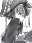  1girl bicorne bow eyepatch greyscale hair_bow hand_up hat highres hololive houshou_marine jacket long_sleeves looking_at_viewer monochrome nanashi_(nlo) one_eye_covered pirate_hat simple_background solo twintails virtual_youtuber white_background 