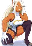  1girl angry animal_ears biceps boku_no_hero_academia breasts clenched_teeth crescent_print dark-skinned_female dark_skin fur_collar hand_on_own_head hand_on_own_knee highleg highleg_leotard highres leotard long_hair looking_at_viewer maswaka mirko muscular muscular_female rabbit_ears rabbit_girl red_eyes shadow simple_background solo squatting superhero tan taut_leotard teeth thick_thighs thighhighs thighs toned very_long_hair white_background white_hair white_leotard 