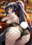  1girl animal_ears ass bangs black_hair black_leotard blue_archive blurry blurry_background breasts cameltoe dark-skinned_female dark_skin earrings eyebrows_visible_through_hair fake_animal_ears fishnet_legwear fishnets from_behind gloves high_ponytail highleg highleg_leotard highres jewelry karin_(blue_archive) large_breasts leotard long_hair looking_at_viewer looking_back official_alternate_costume open_mouth parted_bangs playboy_bunny rabbit_tail sideboob sidelocks solo strapless strapless_leotard suezu1022 tail thighs very_long_hair white_gloves wrist_cuffs yellow_eyes 