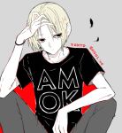  1boy awara_kayu bangs black_shirt blonde_hair commentary_request feathers grey_background hand_in_hair hand_up knees_up long_sleeves male_focus nakarai_keijin pants parted_bangs red_background shirt short_hair short_sleeves simple_background sitting solo t-shirt tokyo_ghoul tokyo_ghoul:re 