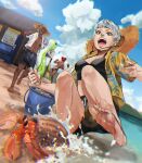  2boys 2girls abs apex_legends barefoot bikini black_shorts blonde_hair blue_eyes blue_shorts bossan_3310 breasts chromatic_aberration crab dark-skinned_female dark-skinned_male dark_skin double_bun goggles green_hair hair_behind_ear hat hermit_crab highres holding jewelry lifeline_(apex_legends) medium_breasts multiple_boys multiple_girls necklace nessie_(respawn) octane_(apex_legends) open_hand pink_bikini red_hair scared seer_(apex_legends) shirt shirtless short_hair shorts silver_hair sky soles straw_hat surprised swimsuit valkyrie_(apex_legends) vending_machine white_shirt 