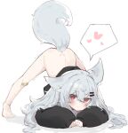  1girl ahoge animal_ear_fluff animal_ears bandaid bandaid_on_knee bandaid_on_leg barefoot blush bottomless closed_mouth fenrir_(fenriluuu) grey_hair hair_between_eyes hair_ornament hairclip heart jack-o&#039;_challenge no_pants original red_eyes rir-chan sleeves_past_wrists smile solo speech_bubble spoken_heart tail top-down_bottom-up trembling wolf wolf_ears wolf_girl wolf_tail 
