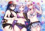  ass bikini black_hair blue_eyes brown_eyes byleth_(female) fire_emblem flowers gray_hair kamui_(fire_emblem) long_hair navel red_eyes sadao4a skirt swimsuit tagme_(character) twintails water 