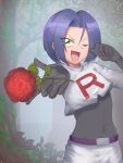  1boy blue_hair crop_top flower gloves green_eyes highres james_(pokemon) male_focus moticome one_eye_closed pokemon pokemon_(anime) red_flower rose smile team_rocket 