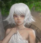  1girl bare_shoulders covering covering_breasts highres holding_cloth jinsai_sa_sa leaf mole mole_under_eye original outdoors painterly parted_lips portrait purple_eyes realistic short_hair sideways_glance solo white_hair 