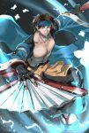  1boy abs black_gloves black_hair blue_eyes bug butterfly fighting_stance fingerless_gloves gloves guilty_gear guilty_gear_strive hand_fan highres insect japanese_clothes kimono looking_at_viewer male_focus mito_anji muscular muscular_male 