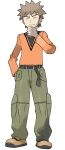  1boy absurdres artist_request bangs belt belt_buckle brock_(pokemon) brown_hair buckle chin_stroking closed_eyes closed_mouth full_body green_pants hand_up highres long_sleeves loose_pants male_focus official_art orange_footwear orange_shirt pants pokemon pokemon_(game) pokemon_hgss shirt shoes short_hair smile solo spiked_hair standing transparent_background 