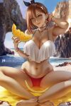  1girl atelier_(series) atelier_ryza atelier_ryza_2 bangs beach bikini blurry blurry_background breasts brown_eyes brown_hair choker cleavage day earrings food fruit indian_style jewelry key_necklace large_breasts mismatched_bikini navel olchas outdoors reisalin_stout short_hair sitting solo swimsuit watermelon 