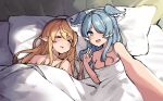  2girls :d animal_ears bangs bed bed_sheet blonde_hair blue_eyes blue_hair blush breasts cleavage dragon_ears elira_pendora english_commentary fang from_above hair_over_one_eye highres implied_yuri long_hair looking_at_viewer medium_breasts multiple_girls nijisanji nijisanji_en open_mouth parted_lips pillow pointy_ears pomu_rainpuff seion selfie sleeping smile strap_slip v virtual_youtuber 