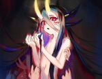  1girl aqua_pupils black_hair blood_on_chest bright_pupils convenient_arm cracked_skin facial_mark flat_chest glowing glowing_horns grey_background grey_hair hair_between_eyes hair_censor hands hands_up highres holding horns long_hair looking_at_viewer looking_down multicolored_hair multiple_horns navel nude oni_horns original purple_hair red_eyes red_hair sketch solo_focus unfinished upper_body very_long_hair whisker_markings zumi_(neronero126) 