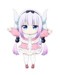  1girl bangs black_bow black_hairband blue_eyes blush bow capelet chibi closed_mouth dress eyebrows_visible_through_hair frilled_capelet frills full_body gradient_hair hair_bow hairband highres horns kanna_kamui kobayashi-san_chi_no_maidragon kuena long_hair long_sleeves low_twintails multicolored_hair multiple_horns outstretched_arms pink_dress puffy_long_sleeves puffy_sleeves purple_hair red_footwear shoes simple_background solo standing thighhighs twintails very_long_hair white_background white_capelet white_legwear 
