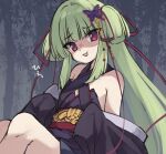  1girl bangs bare_shoulders black_kimono butterfly_hair_ornament commentary_request eyebrows_visible_through_hair feet_out_of_frame green_hair hair_ornament hair_ribbon japanese_clothes kimono knees_up long_hair long_sleeves looking_at_viewer murasame_(senren) natsuki_teru red_eyes red_ribbon ribbon senren_banka shaded_face sitting sleeves_past_fingers sleeves_past_wrists smile solo tree two_side_up very_long_hair 