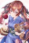  1girl absurdres artist_name basket clear_glass_(mildmild1311) fire_emblem fire_emblem_awakening fire_emblem_fates hair_between_eyes hair_ribbon highres holding japanese_clothes kimono long_hair looking_at_viewer red_eyes red_hair ribbon selena_(fire_emblem_fates) severa_(fire_emblem) smile solo stuffed_animal stuffed_toy teddy_bear twintails twitter_username white_background wide_sleeves yukata 