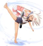  1girl barefoot blue_eyes covered_navel crop_top feet flower fujisaki_yuu full_body hair_flower hair_ornament high_kick kantai_collection kicking leg_up lifebuoy long_hair one-piece_swimsuit one-piece_tan open_mouth ro-500_(kancolle) school_swimsuit solo standing standing_on_one_leg swimsuit swimsuit_under_clothes tan tanlines toes torpedo white_background white_hair 