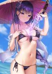  bikini genshin_impact open_shirt raiden_(genshin_impact) see_through skai_kun swimsuits sword umbrella 