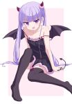  1girl :d bangs bare_shoulders black_dress black_legwear black_wings blunt_bangs blush border collarbone dress eyebrows_visible_through_hair flat_chest horns long_hair looking_at_viewer new_game! open_mouth oueo pink_background purple_eyes purple_hair shiny shiny_hair short_dress sitting sleeveless sleeveless_dress smile solo spaghetti_strap strap_slip suzukaze_aoba thighhighs twintails very_long_hair white_border wings zettai_ryouiki 
