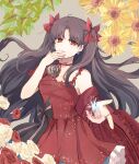  0825belle 1girl black_bow bow brown_hair choker closed_mouth collarbone dress earrings fate/grand_order fate_(series) floating_hair flower grey_background hair_bow hair_intakes highres ishtar_(fate)_(all) jewelry long_hair looking_at_viewer red_bow red_dress red_eyes red_flower red_ribbon red_rose ribbon ribbon_choker ring rose shiny shiny_hair sketch smile solo standing star_(symbol) star_earrings symbol-only_commentary very_long_hair white_flower white_rose yellow_flower 