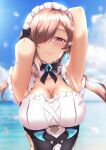  1girl absurdres armpits arms_behind_head bangs beach bikini blue_sky breasts brown_hair cleavage closed_mouth cloud cloudy_sky earrings frilled_swimsuit frills hair_over_one_eye highres honkai_(series) honkai_impact_3rd jewelry lion_space long_hair looking_at_viewer maid_bikini maid_headdress mole mole_under_eye ocean one-piece_swimsuit outdoors petals purple_eyes rita_rossweisse rita_rossweisse_(phantom_iron) sky smile solo summer swimsuit twintails 