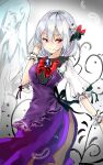 1girl blush braid breasts brooch dress eyebrows_visible_through_hair feathers french_braid hair_between_eyes highres jewelry kishin_sagume large_breasts purple_dress red_eyes red_neckwear shironeko_yuuki short_hair side_slit silver_hair single_wing smile solo touhou wings 