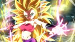  1girl aqua_eyes aura blonde_hair caulifla dragon_ball dragon_ball_super electricity long_hair midriff pants pink_tubetop powering_up purple_pants rom_(20) smirk solo spiked_hair strapless super_saiyan super_saiyan_3 very_long_hair 