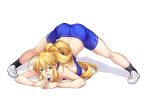  1girl artoria_pendragon_(fate) artoria_pendragon_(lancer)_(fate) ass bike_shorts black_legwear blonde_hair blue_shorts braid breasts cleavage fate/grand_order fate_(series) french_braid green_eyes hair_between_eyes hair_ornament highres jack-o&#039;_challenge large_breasts leaning_forward long_hair looking_at_viewer ponytail shirokuma_a shorts smile solo thighs top-down_bottom-up white_footwear 