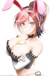  1girl animal_ears banned_artist black_choker breasts brown_eyes brown_hair choker cleavage closed_mouth collarbone cropped_arms elbow_gloves eyebrows_visible_through_hair fake_animal_ears gloves hair_between_eyes hairband heterochromia highres kimmy77 large_breasts long_hair looking_at_viewer multicolored_hair neo_politan pink_eyes pink_hair pink_hairband ponytail rabbit_ears reward_available rwby shiny shiny_hair shiny_skin simple_background solo strapless two-tone_hair upper_body white_background white_gloves white_neckwear 