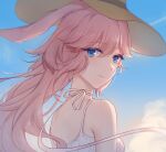  1girl animal_ears back blue_eyes blue_sky brown_headwear cloud cloudy_sky dress fox_ears hair_between_eyes hat honkai_(series) honkai_impact_3rd long_hair looking_at_viewer looking_back outdoors pink_hair silence_(pixiv18541142) sky sleeveless sleeveless_dress solo straw_hat sundress yae_sakura 