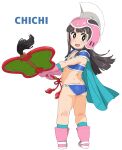  1girl armor ass bikini bikini_armor black_eyes black_hair blue_bikini boots butt_crack cape character_name chi-chi_(dragon_ball) dragon_ball dragon_ball_(classic) from_behind gloves green_cape helmet highres kneepits legs long_hair looking_back open_mouth pauldrons pink_footwear pink_gloves pink_headwear shoulder_armor simple_background smile solo swimsuit thighs wakaho_riku white_background 