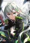  1girl bangs blurry blurry_background blurry_foreground eyebrows_visible_through_hair fingerless_gloves gloves green_eyes grey_hair high_collar highres long_hair looking_at_viewer lord_of_heroes pointy_ears scarf single_fingerless_glove slit_pupils solo upper_body yaki_mayu 