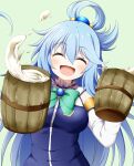  1girl :d ^_^ alcohol aqua_(konosuba) bangs beer beer_mug blue_hair blue_shirt blush bow brooch closed_eyes cup detached_sleeves eyebrows_visible_through_hair facing_viewer green_background green_bow hair_between_eyes hair_ornament hair_rings highres holding holding_cup jewelry kono_subarashii_sekai_ni_shukufuku_wo! kuena long_hair long_sleeves mug open_mouth shirt simple_background sleeveless sleeveless_shirt smile solo very_long_hair white_sleeves 