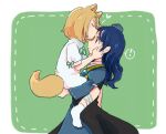 ! 2girls animal_ears bandaged_leg bandages black_cape blonde_hair blue_dress blue_hair blue_headwear border cape carrying closed_eyes commentary dress forehead_kiss fox_ears fox_tail from_side green_background hand_on_another&#039;s_cheek hand_on_another&#039;s_face hat heart iizunamaru_megumu jumpsuit kiss kudamaki_tsukasa long_hair multiple_girls pointy_ears red_eyes rome35793562 socks spoken_exclamation_mark symbol-only_commentary tail tokin_hat touhou white_border white_jumpsuit white_legwear 