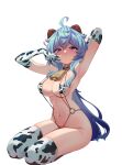  1girl absurdres ahoge animal_ears animal_print arm_behind_head armpits arms_up bangs bell blue_hair breasts closed_mouth commentary cow_ears cow_print cowbell doufu_(pixiv9093484) elbow_gloves eyebrows_visible_through_hair ganyu_(genshin_impact) genshin_impact gloves goat_horns hair_between_eyes highres horns large_breasts long_hair looking_at_viewer navel o-ring raised_eyebrows seiza simple_background sitting skindentation slingshot_swimsuit solo swimsuit thighhighs thighs white_background 