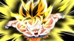  1boy afterimage aqua_eyes aura battle_damage blonde_hair dragon_ball dragon_ball_z male_focus open_mouth rom_(20) solo son_goku super_saiyan super_saiyan_1 torn_clothes 