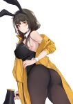  1girl absurdres animal_costume ass breasts bunny_costume girls&#039;_frontline heterochromia highres jacket large_breasts long_hair megaphone multicolored_hair off_shoulder ro635_(girls&#039;_frontline) solo streaked_hair xiaobei yellow_jacket 