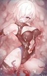  1girl ass_visible_through_thighs bare_shoulders blush breasts clothing_cutout crying crying_with_eyes_open elbow_gloves fate/grand_order fate_(series) gloves hair_over_one_eye large_breasts leotard mash_kyrielight navel navel_cutout nurami_(shouji) open_mouth short_hair sleeveless solo tagme tears tentacles thighhighs tongue 