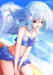  1girl :d absurdres bangs beach between_legs bikini bikini_skirt blue_bikini blue_hair blue_skirt blue_sky blush breasts cleavage cloud collarbone day eyebrows_visible_through_hair feathered_wings floating_hair flower hair_between_eyes hair_flower hair_ornament hand_between_legs highres kishin_sagume layered_skirt lens_flare long_hair miniskirt niko_kusa ocean open_mouth outdoors red_eyes shiny shiny_hair sitting skirt sky small_breasts smile solo summer swimsuit touhou white_flower white_wings wings 